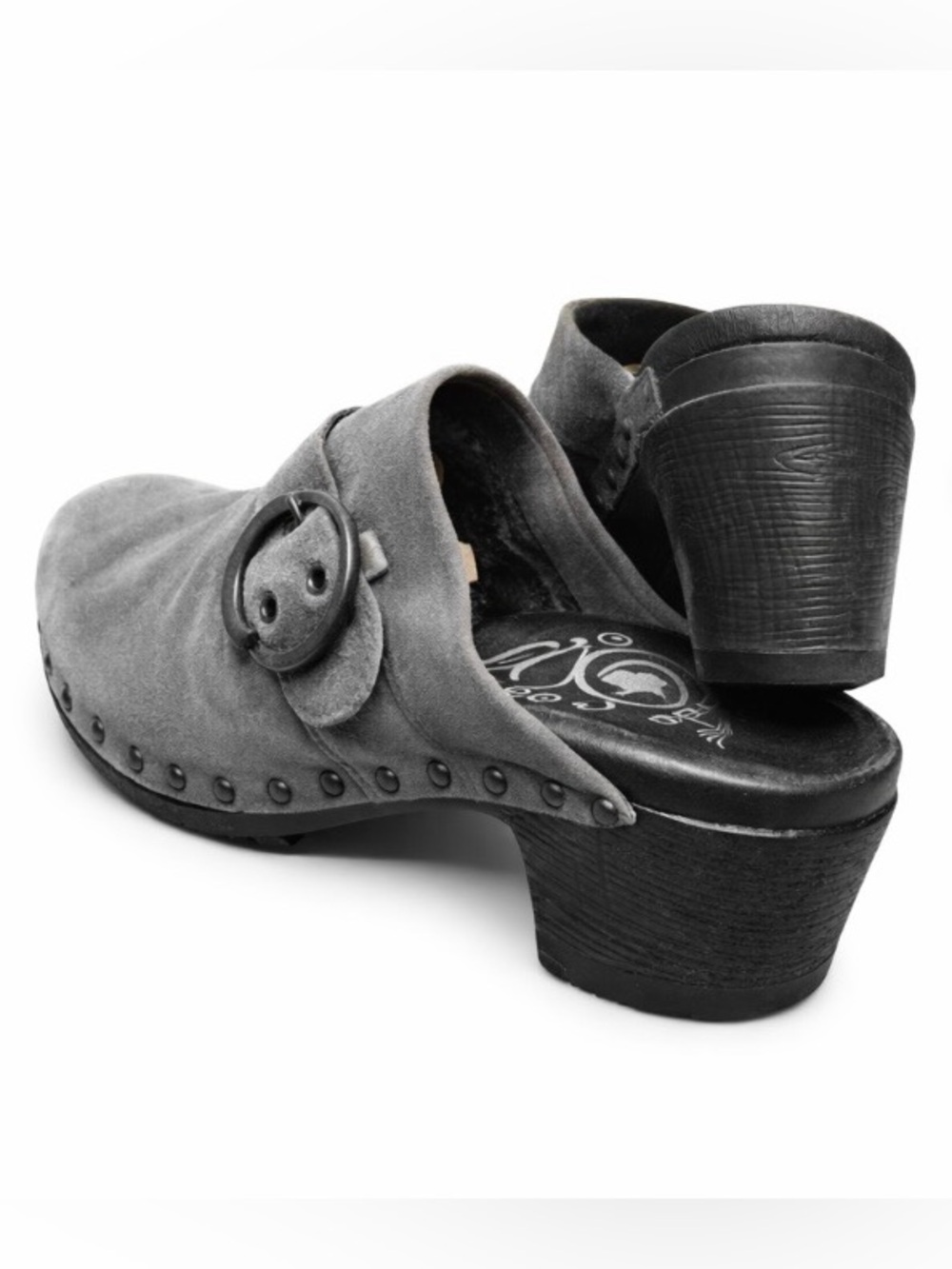 Women's Gray Suede Buckle Clog Heels